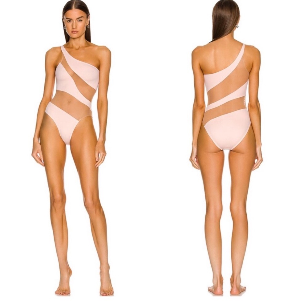 Norma Kamali snake mesh MIO One-Shoulder Pale Blush Pink Cutout Swimsuit NWT